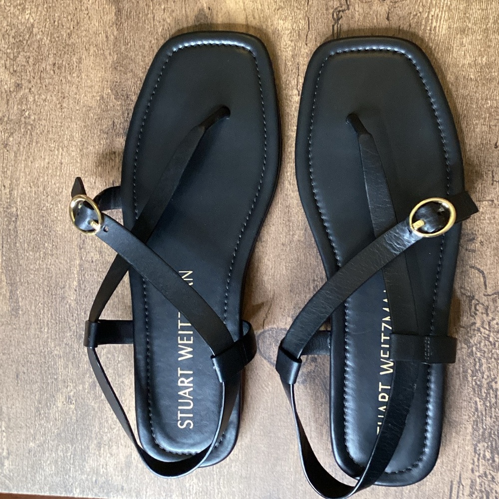 Stuart Weitzman Benni Flat Sandal in Black Leather